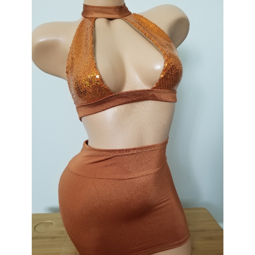 Copper High Waisted Stripper Skirt Set Outfit